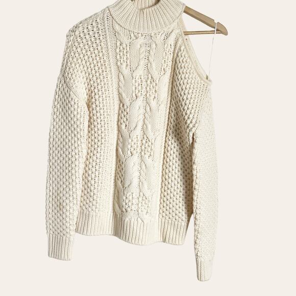 INTERMIX Britta Ivory Cold Shoulder Cableknit Wool Sweater Size Petite - Picture 4 of 9